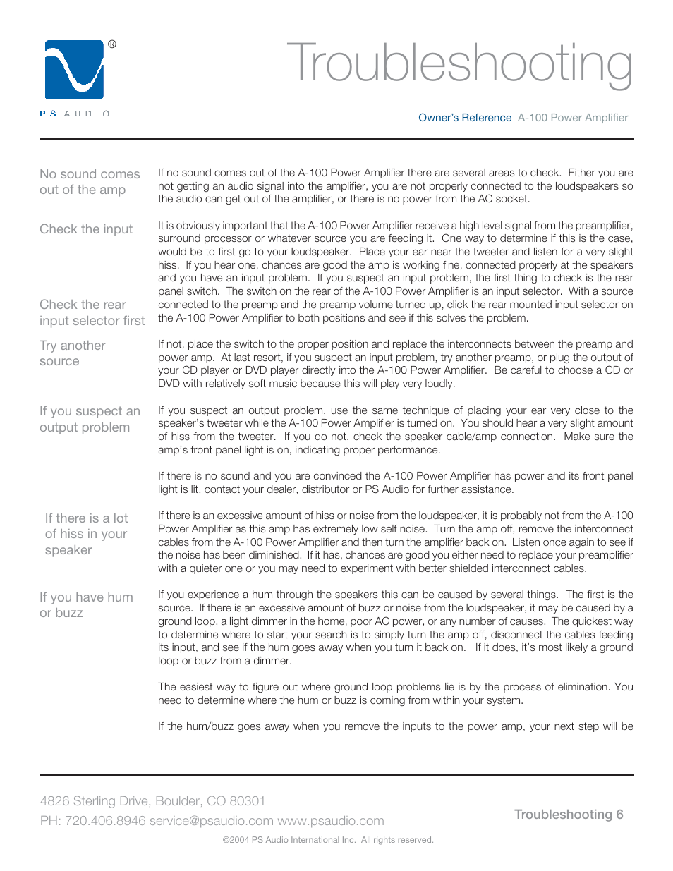 Troubleshooting | PS Audio TRIO A-100 User Manual | Page 10 / 16