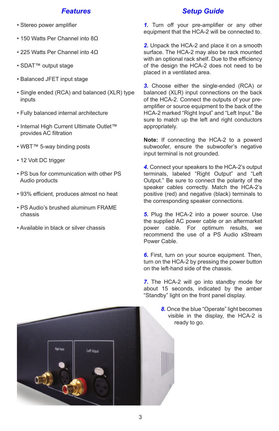 Features, Setup guide | PS Audio HCA-2 User Manual | Page 3 / 8