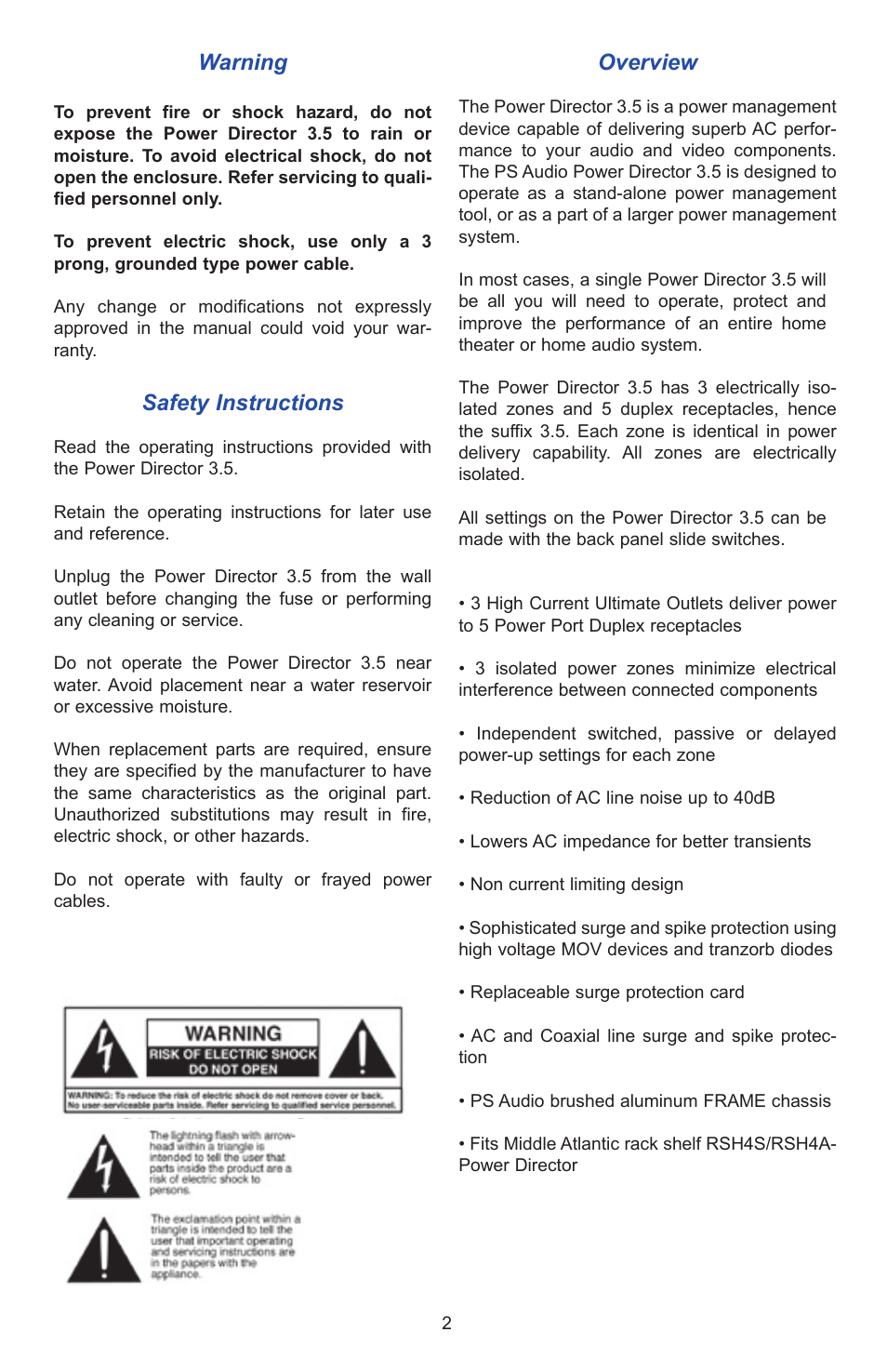 Warning, Safety instructions, Overview | PS Audio PD 3.5 User Manual | Page 2 / 8