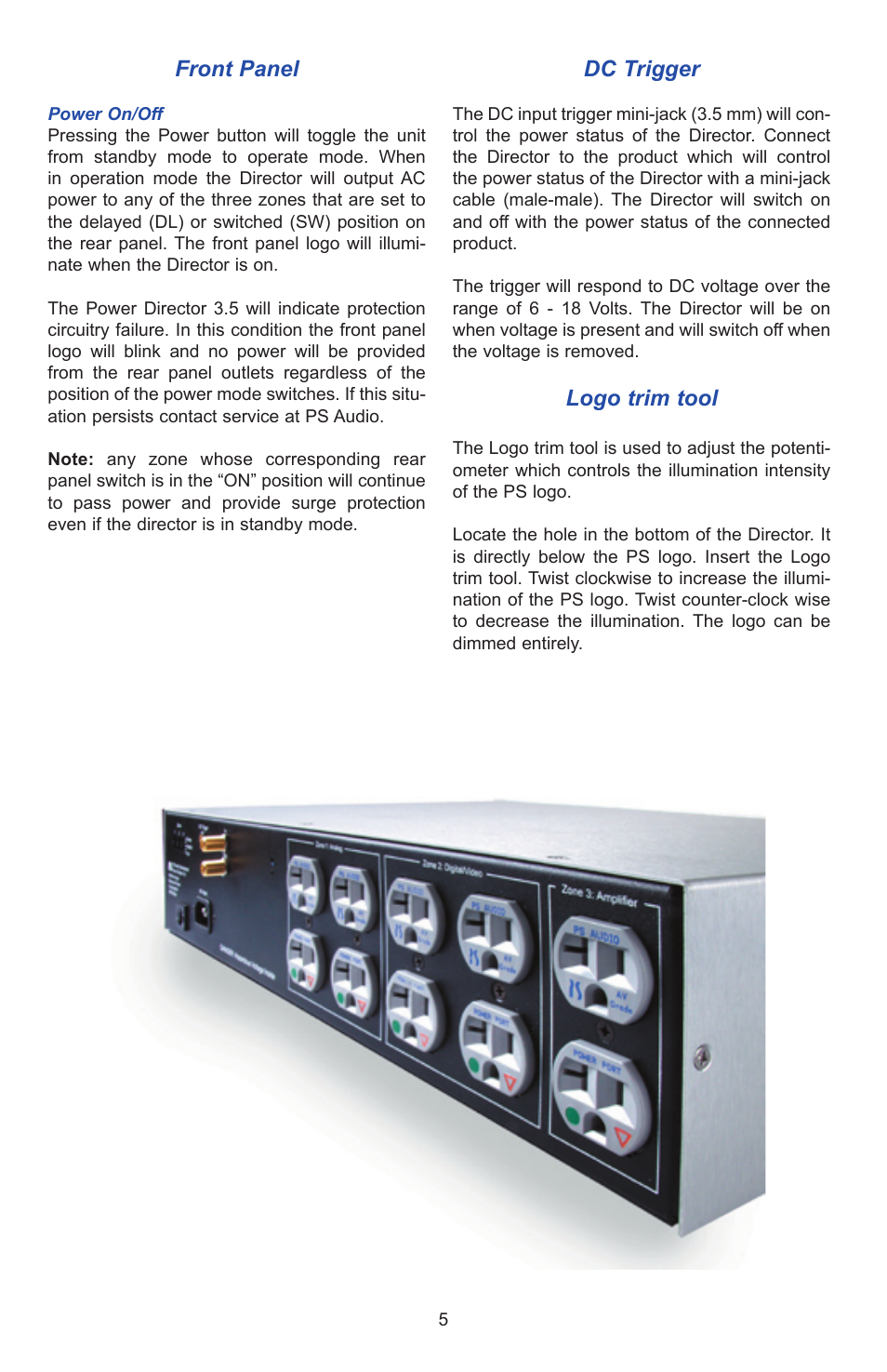 Front panel, Dc trigger, Logo trim tool | PS Audio PD 3.5 User Manual | Page 5 / 8