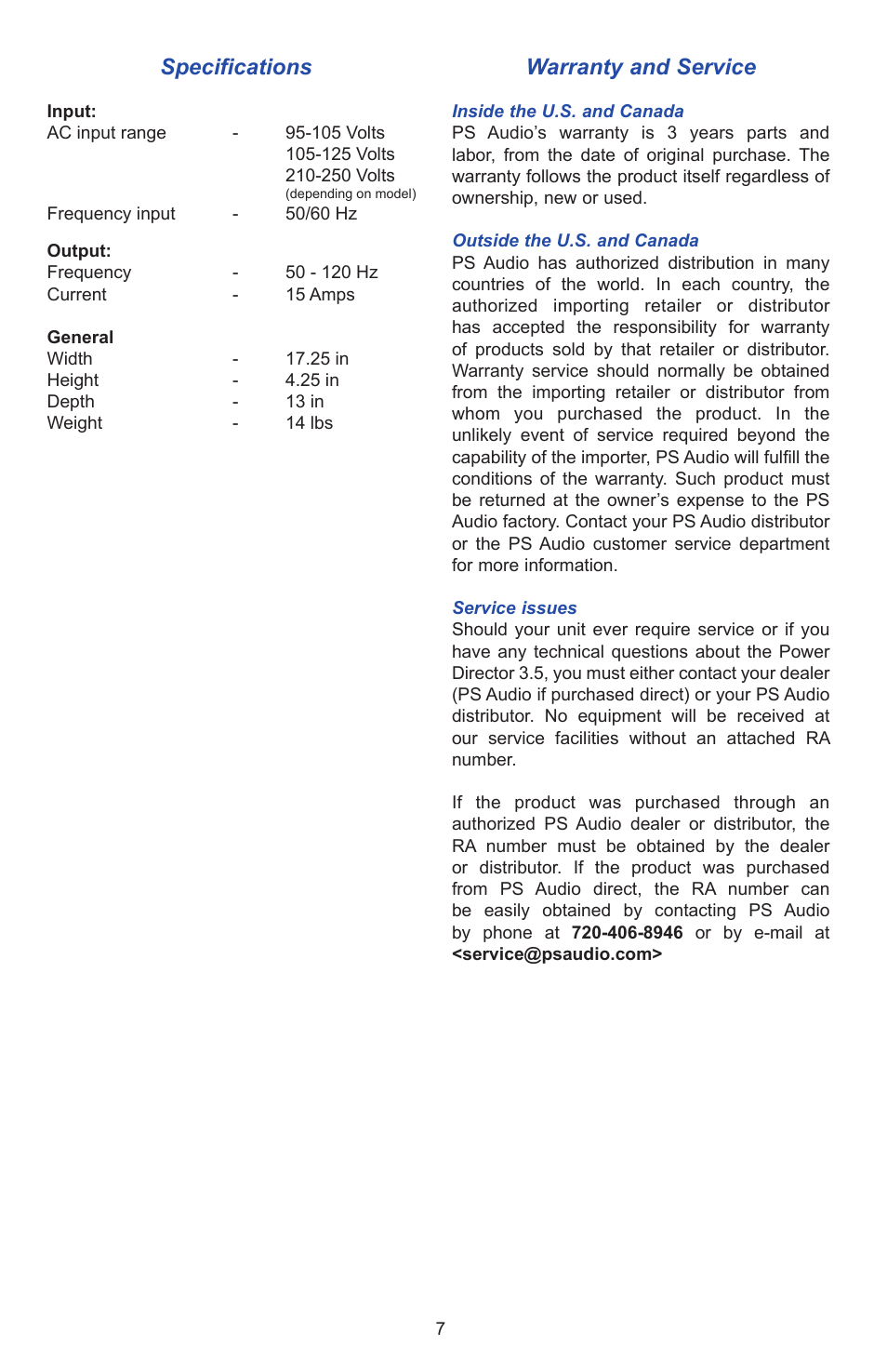 Specifications, Warranty and service | PS Audio PD 3.5 User Manual | Page 7 / 8