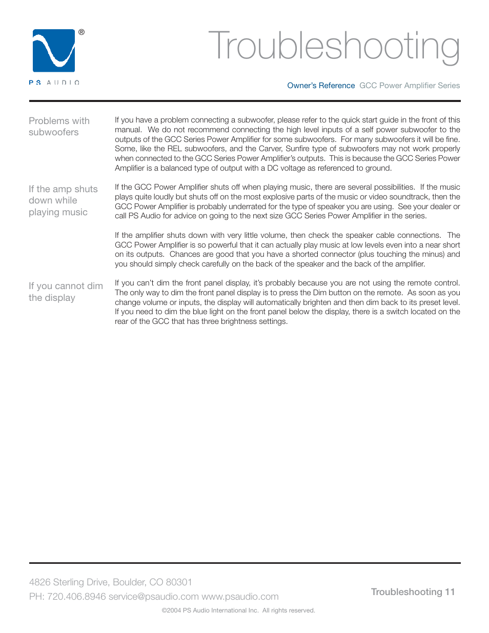 Troubleshooting | PS Audio GCC-250 User Manual | Page 15 / 20