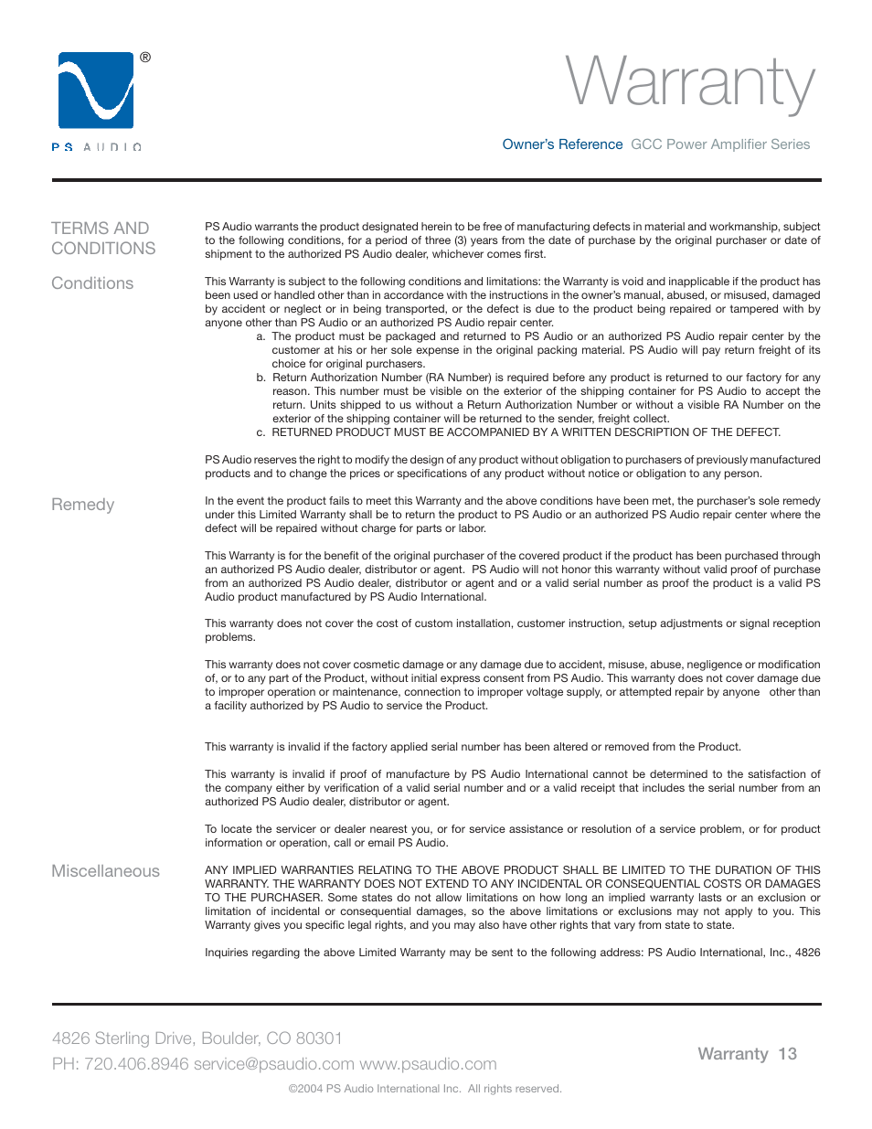 Warranty | PS Audio GCC-250 User Manual | Page 17 / 20