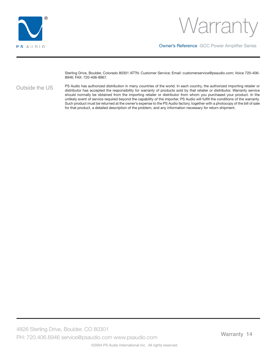 Warranty | PS Audio GCC-250 User Manual | Page 18 / 20