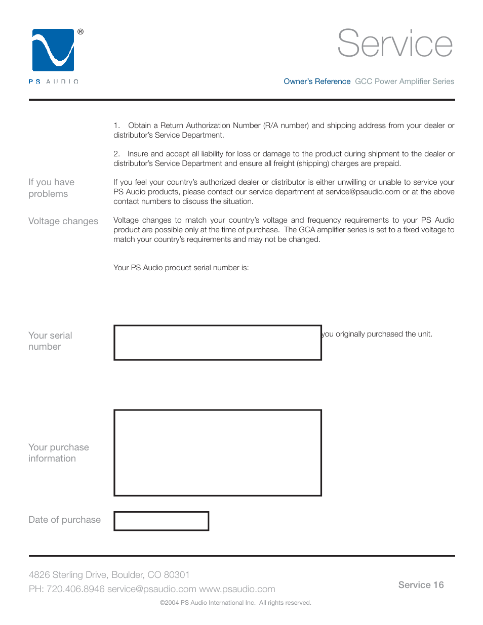 Service | PS Audio GCC-250 User Manual | Page 20 / 20