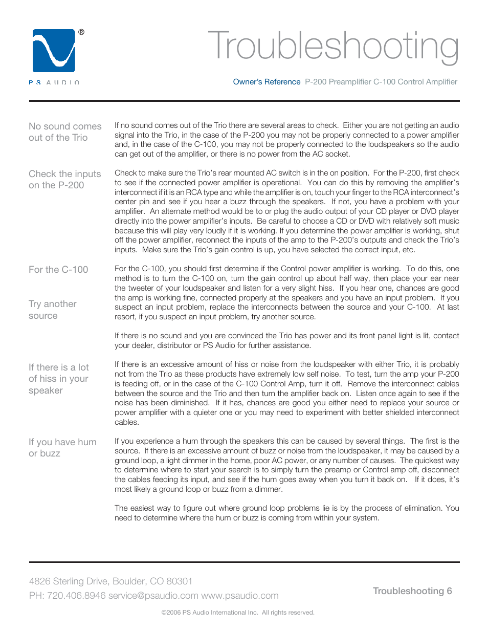 Troubleshooting | PS Audio TRIO C-100 User Manual | Page 10 / 16