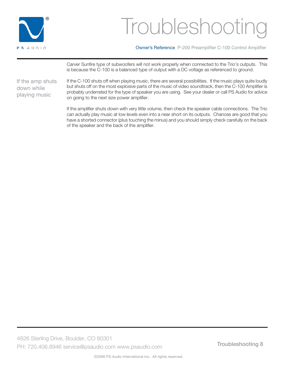 Troubleshooting | PS Audio TRIO C-100 User Manual | Page 12 / 16