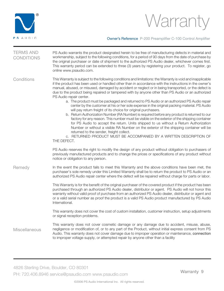 Warranty | PS Audio TRIO C-100 User Manual | Page 13 / 16