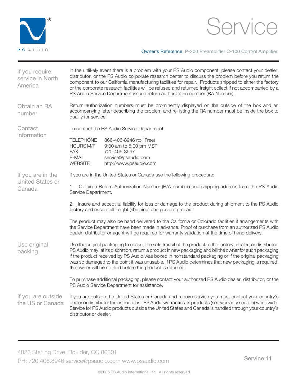 Service | PS Audio TRIO C-100 User Manual | Page 15 / 16