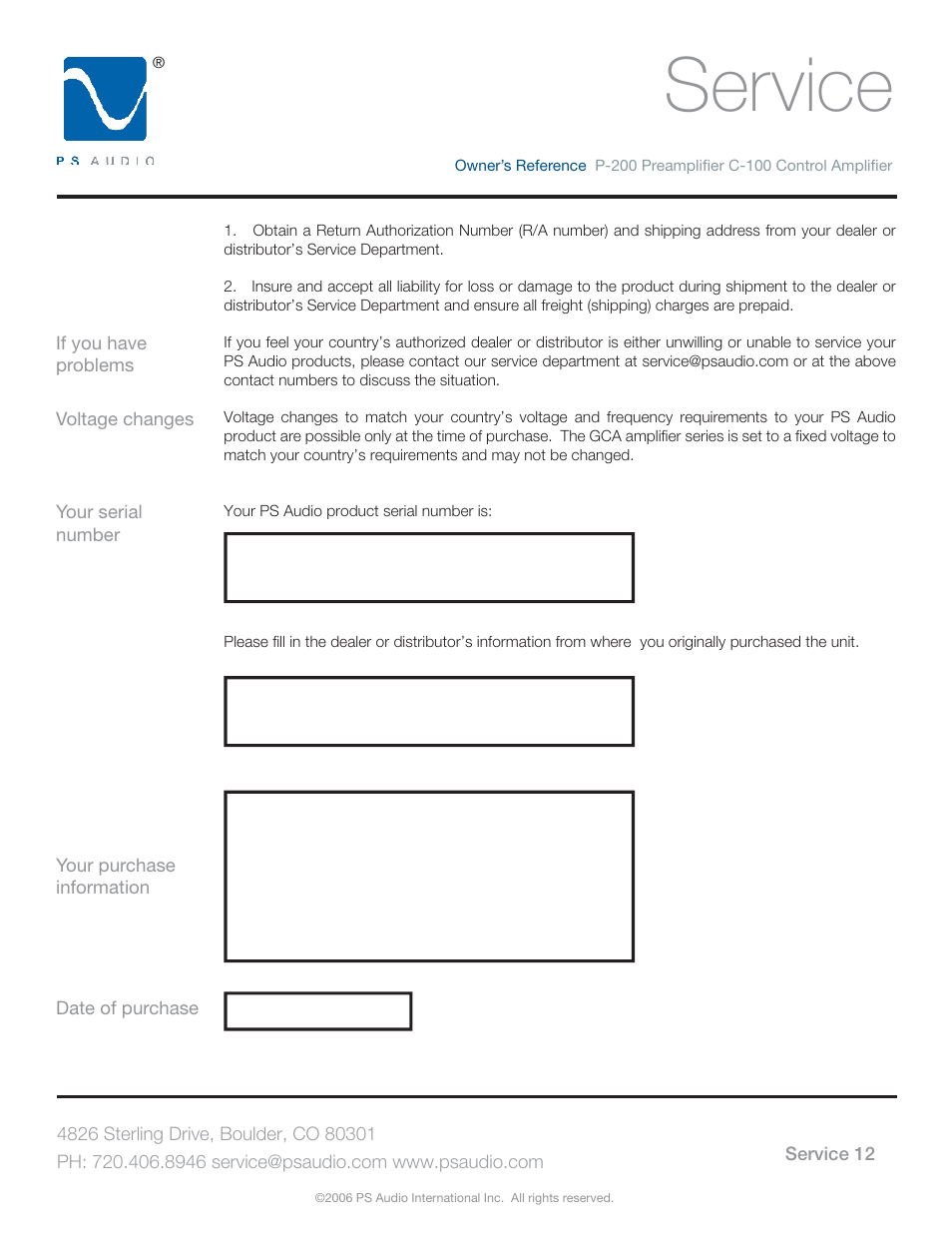 Service | PS Audio TRIO C-100 User Manual | Page 16 / 16