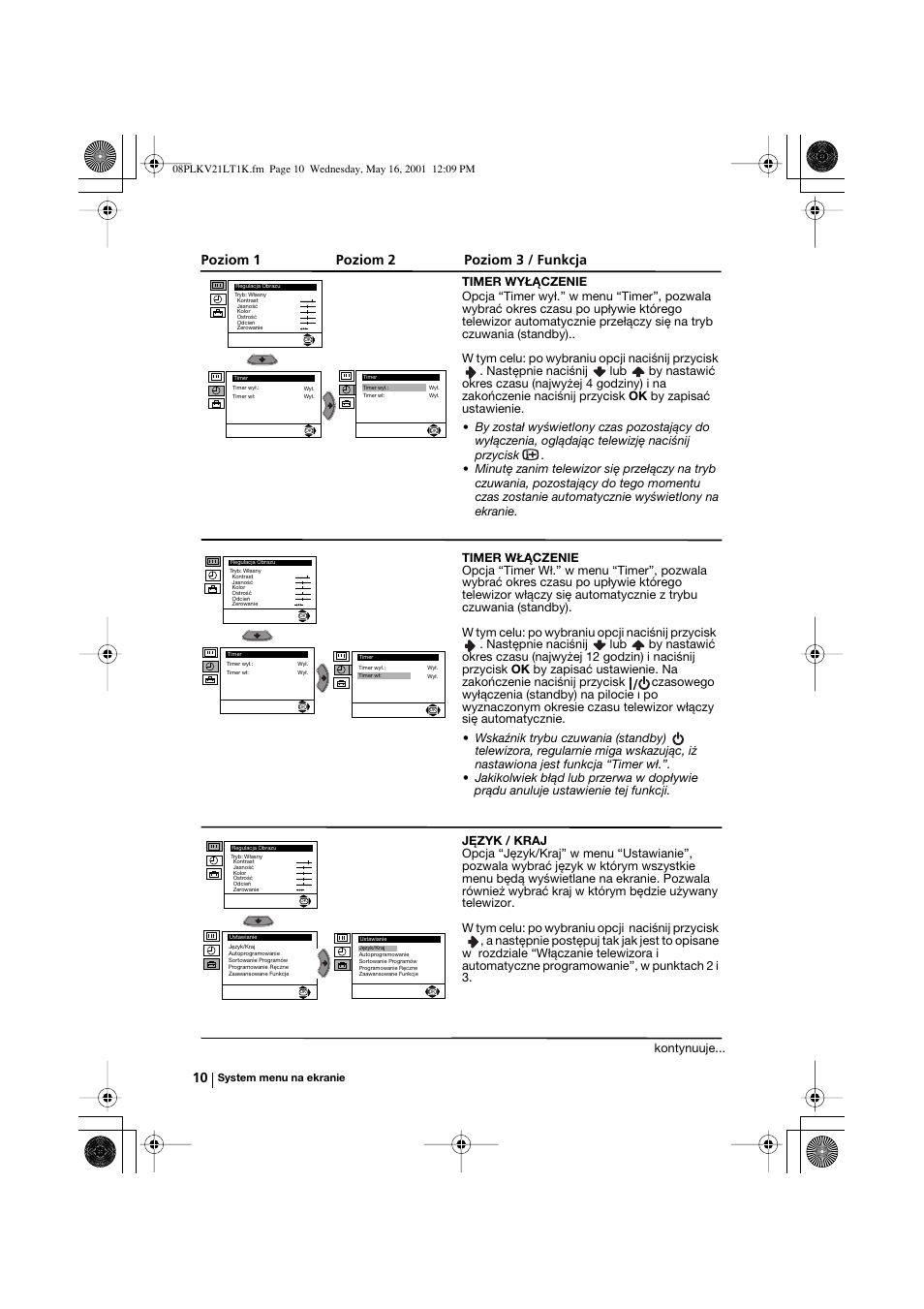 Poziom 1 poziom 2 poziom 3 / funkcja, Kontynuuje | Sony KV-21LT1K User Manual | Page 64 / 128