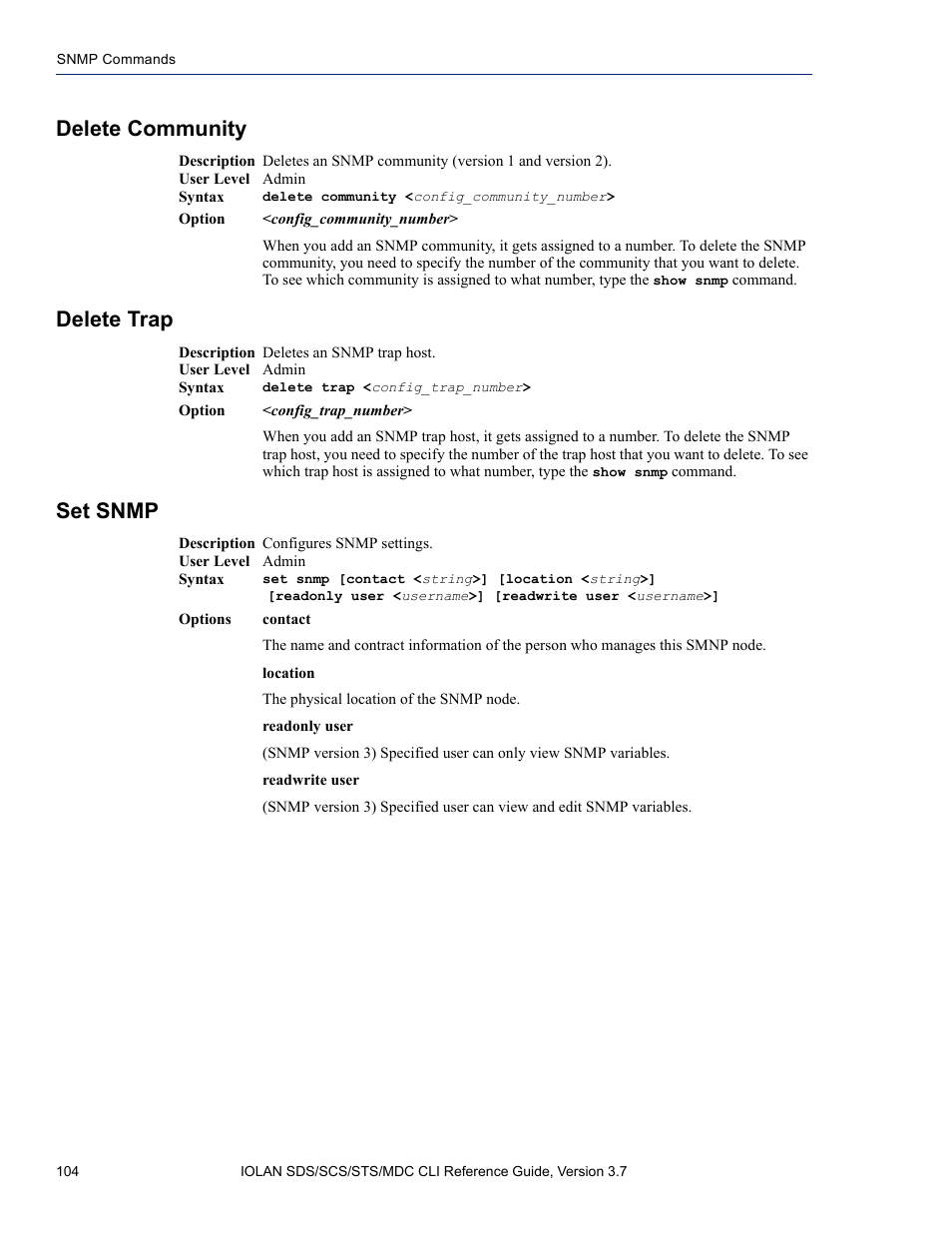 Delete community, Delete trap, Set snmp | Delete community delete trap set snmp | Perle Systems IOLAN SDS User Manual | Page 104 / 162