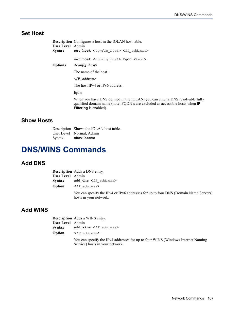 Set host, Show hosts, Dns/wins commands | Add dns, Add wins, Set host show hosts, Add dns add wins | Perle Systems IOLAN SDS User Manual | Page 107 / 162