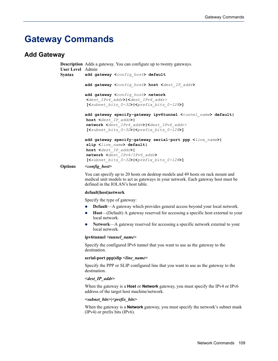 Gateway commands, Add gateway | Perle Systems IOLAN SDS User Manual | Page 109 / 162