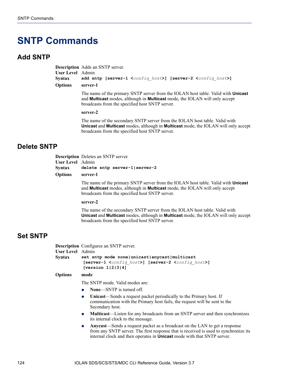 Sntp commands, Add sntp, Delete sntp | Set sntp, Add sntp delete sntp set sntp | Perle Systems IOLAN SDS User Manual | Page 124 / 162