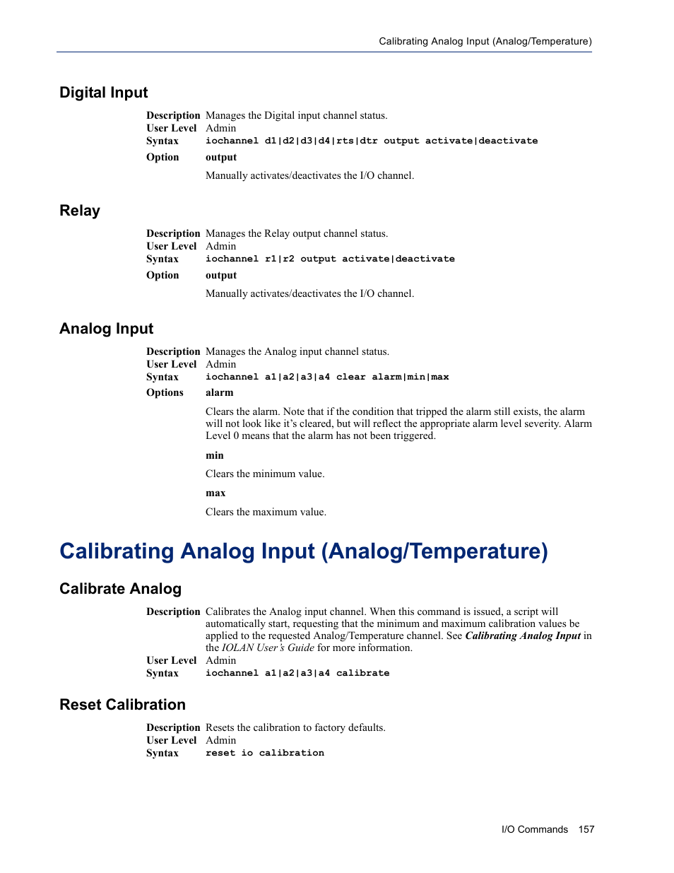 Digital input, Relay, Analog input | Calibrating analog input (analog/temperature), Calibrate analog, Reset calibration, Digital input relay analog input, Calibrate analog reset calibration | Perle Systems IOLAN SDS User Manual | Page 157 / 162