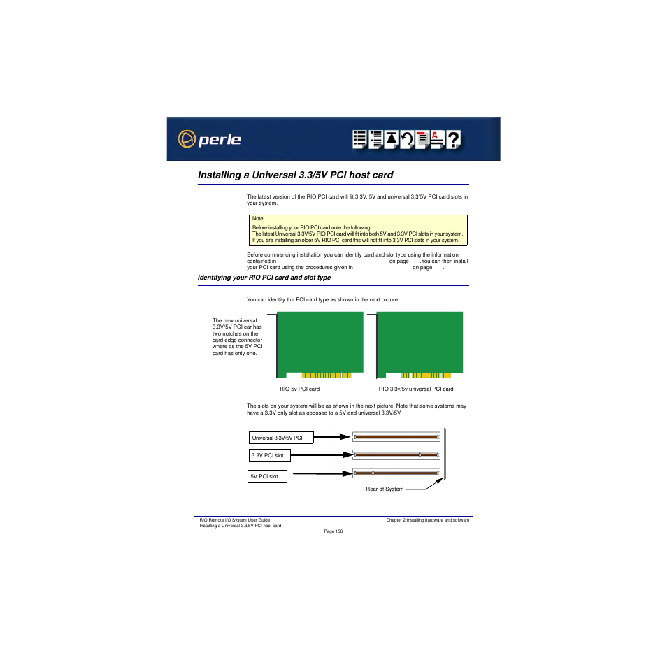Installing a universal 3.3/5v pci host card, Identifying your rio pci card and slot type, Installing a universal 3.3 | 5v pci host card, Installing a, Universal 3.3/5v pci host card | Perle Systems RIO 5500036-17 User Manual | Page 156 / 327