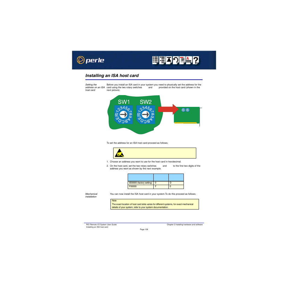 Installing an isa host card, Installing an isa, Host card | Installing an isa host, Card | Perle Systems RIO 5500036-17 User Manual | Page 158 / 327