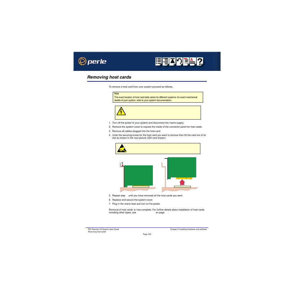 Removing host cards, Removing, Host cards | Removing host, Cards | Perle Systems RIO 5500036-17 User Manual | Page 160 / 327