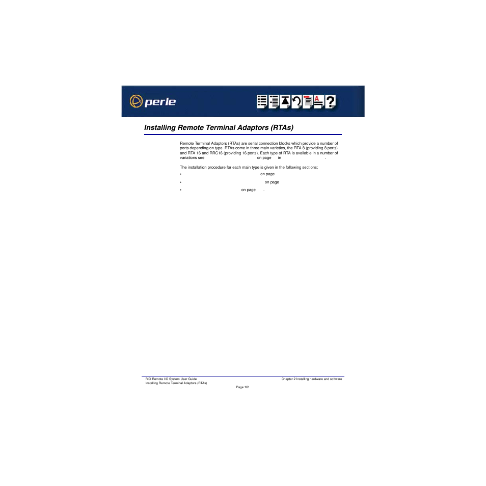 Installing remote terminal adaptors (rtas), Installing remote, Terminal adaptors (rtas) | Installing, Remote terminal adaptors (rtas), Installing remote terminal, Adaptors (rtas), Installing remote terminal adaptors, Rtas) | Perle Systems RIO 5500036-17 User Manual | Page 161 / 327