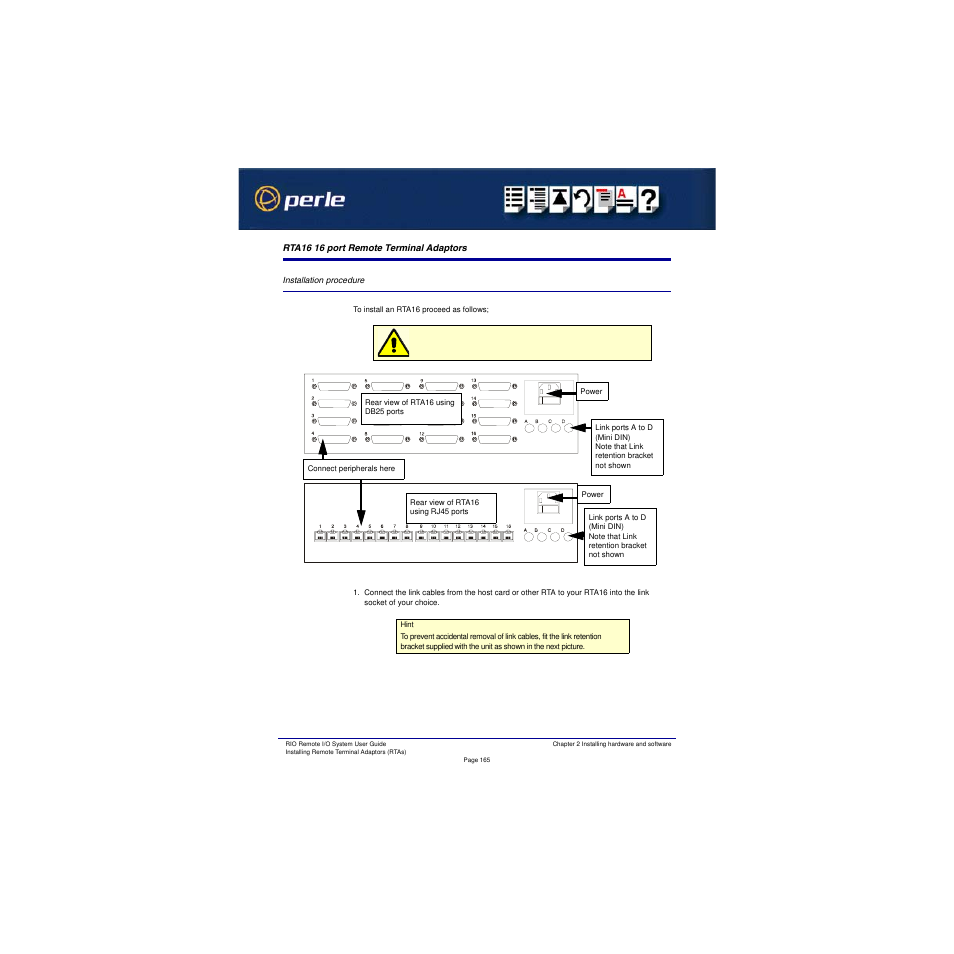 Rta16 16 port remote terminal adaptors, Installation procedure | Perle Systems RIO 5500036-17 User Manual | Page 165 / 327