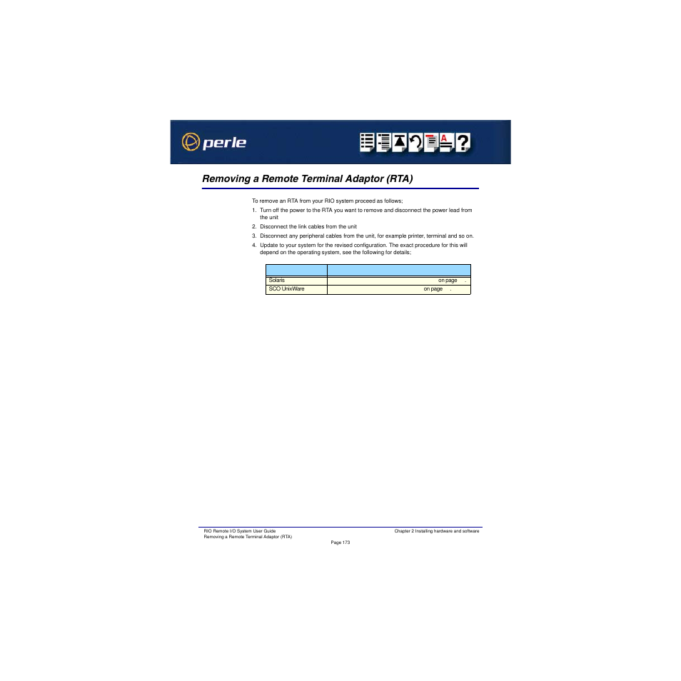 Removing a remote terminal adaptor (rta), Removing a remote, Terminal adaptor (rta) | Removing a remote terminal, Adaptor (rta), Removing a, Remote terminal adaptor (rta) | Perle Systems RIO 5500036-17 User Manual | Page 173 / 327