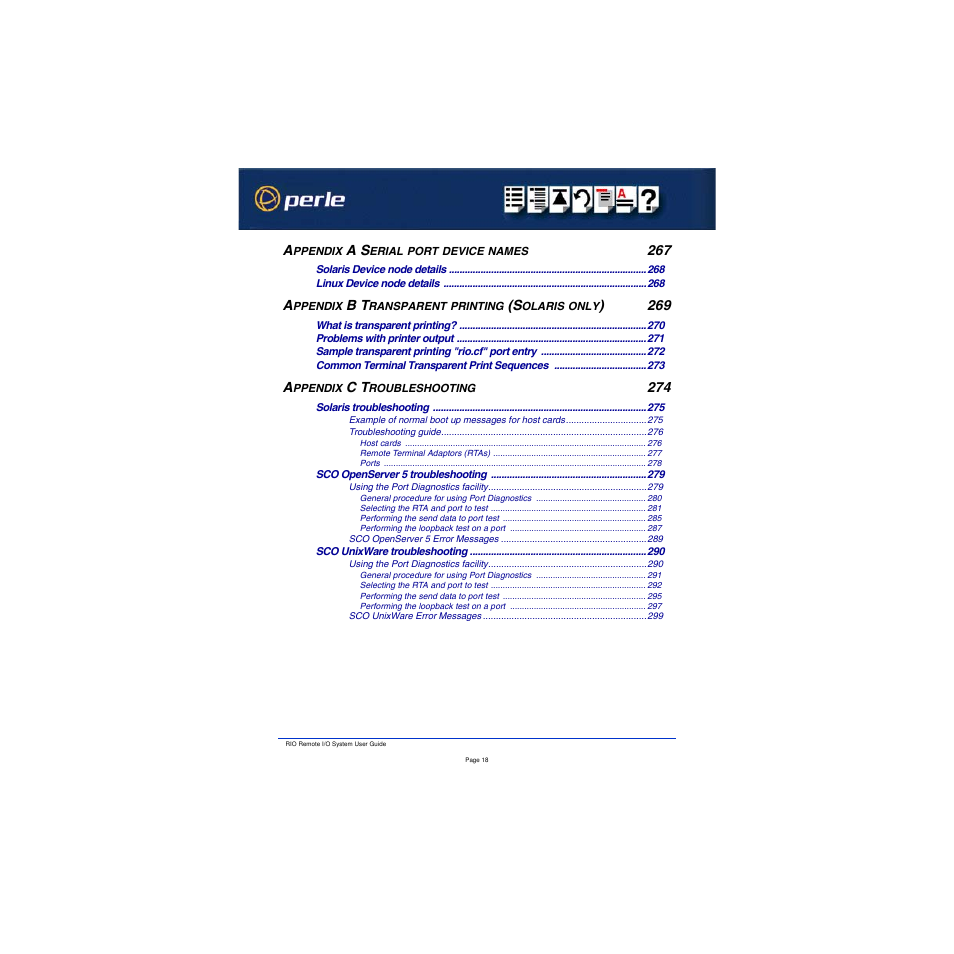 Appendix a serial port device names 267, Appendix b transparent printing (solaris only) 269, Appendix c troubleshooting 274 | Perle Systems RIO 5500036-17 User Manual | Page 18 / 327