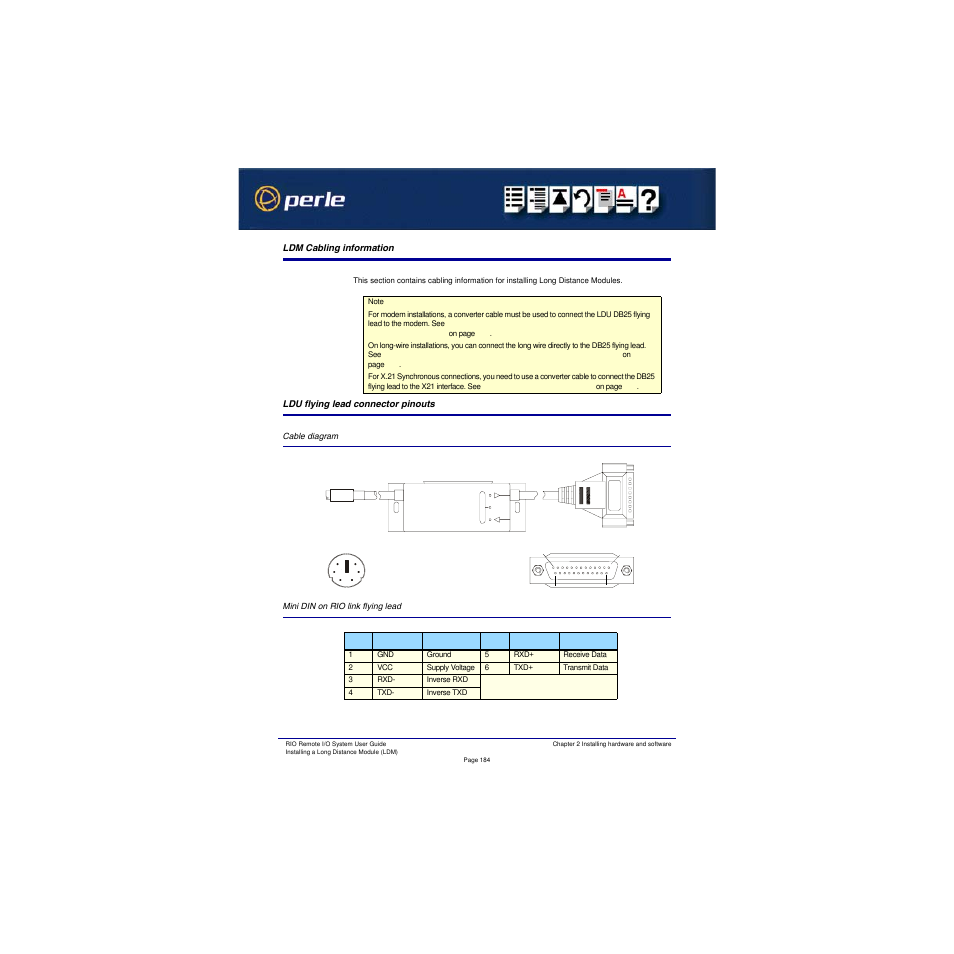 Ldm cabling information, Ldu flying lead connector pinouts, Cable diagram | Mini din on rio link flying lead, Cable diagram mini din on rio link flying lead | Perle Systems RIO 5500036-17 User Manual | Page 184 / 327