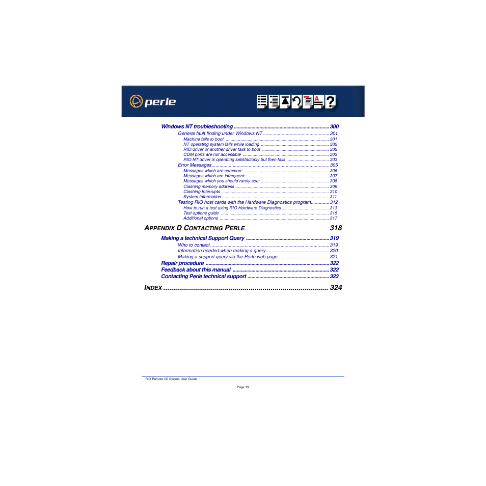 Appendix d contacting perle 318, Index 324 | Perle Systems RIO 5500036-17 User Manual | Page 19 / 327