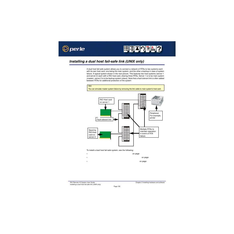 Installing a dual host fail-safe link (unix only) | Perle Systems RIO 5500036-17 User Manual | Page 190 / 327