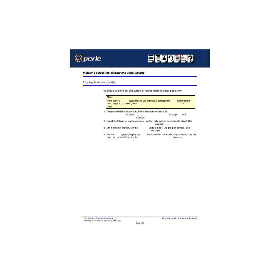 Installing a dual host failsafe link under solaris, Installing for normal operation | Perle Systems RIO 5500036-17 User Manual | Page 191 / 327