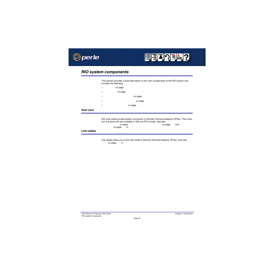 Rio system components, Host card, Link cables | Host card link cables | Perle Systems RIO 5500036-17 User Manual | Page 22 / 327
