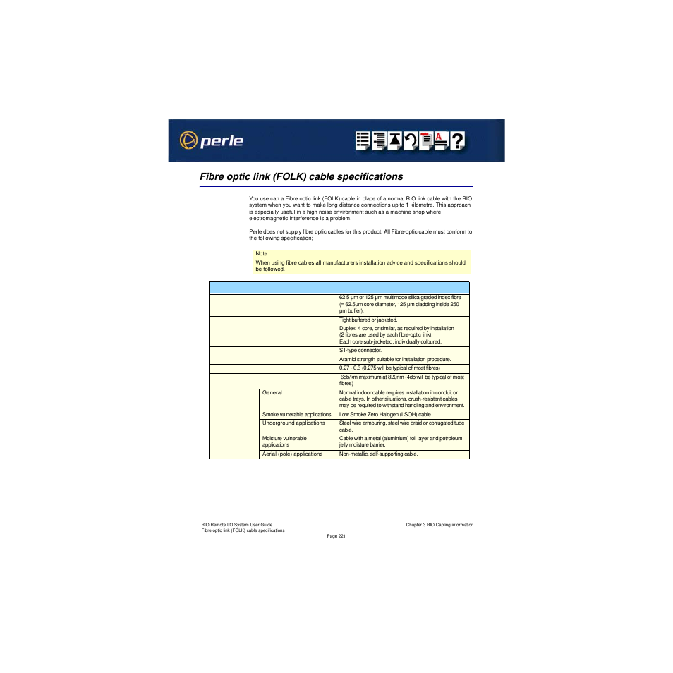 Fibre optic link (folk) cable specifications | Perle Systems RIO 5500036-17 User Manual | Page 221 / 327