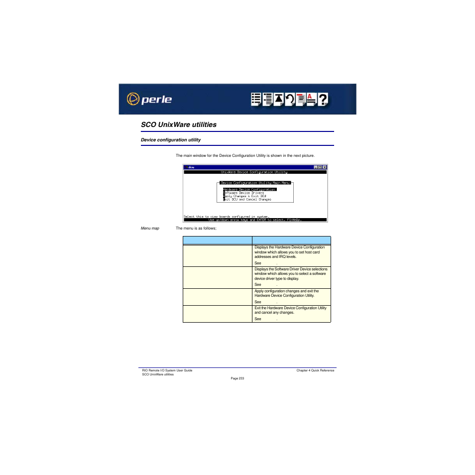 Sco unixware utilities, Device configuration utility | Perle Systems RIO 5500036-17 User Manual | Page 233 / 327