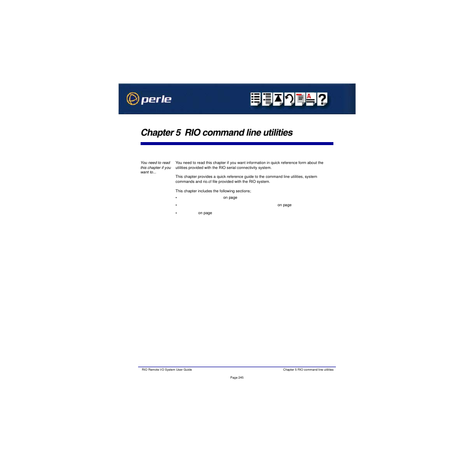 Chapter 5 rio command line utilities, Hapter, 5 rio | Command, Line, Utilities | Perle Systems RIO 5500036-17 User Manual | Page 245 / 327