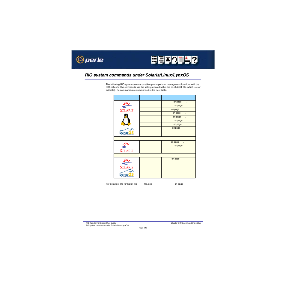Rio system commands under solaris/linux/lynxos | Perle Systems RIO 5500036-17 User Manual | Page 248 / 327