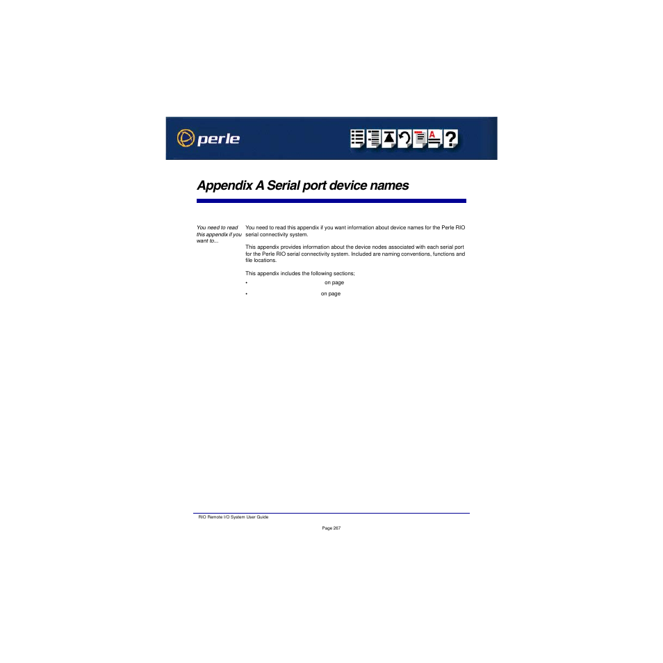 Appendix a serial port device names, Ppendix, Erial | Port, Device, Names | Perle Systems RIO 5500036-17 User Manual | Page 267 / 327