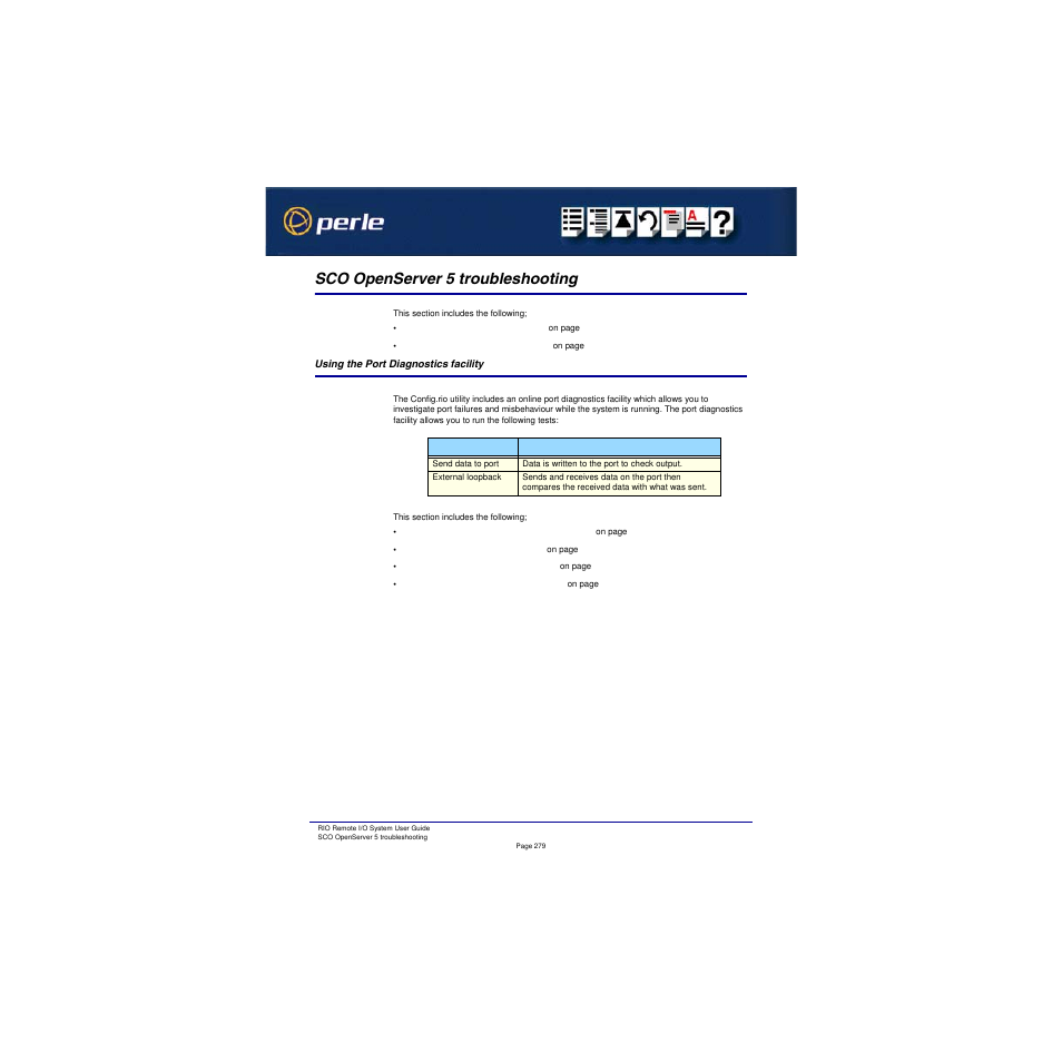 Sco openserver 5 troubleshooting, Using the port diagnostics facility | Perle Systems RIO 5500036-17 User Manual | Page 279 / 327