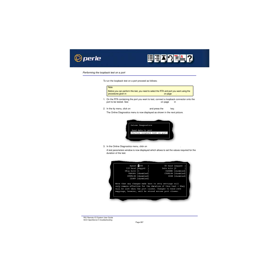 Performing the loopback test on a port, Performing, The loopback test on a port | Perle Systems RIO 5500036-17 User Manual | Page 287 / 327