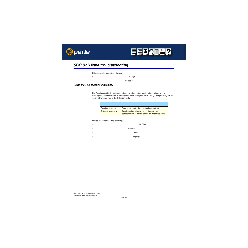 Sco unixware troubleshooting, Using the port diagnostics facility | Perle Systems RIO 5500036-17 User Manual | Page 290 / 327