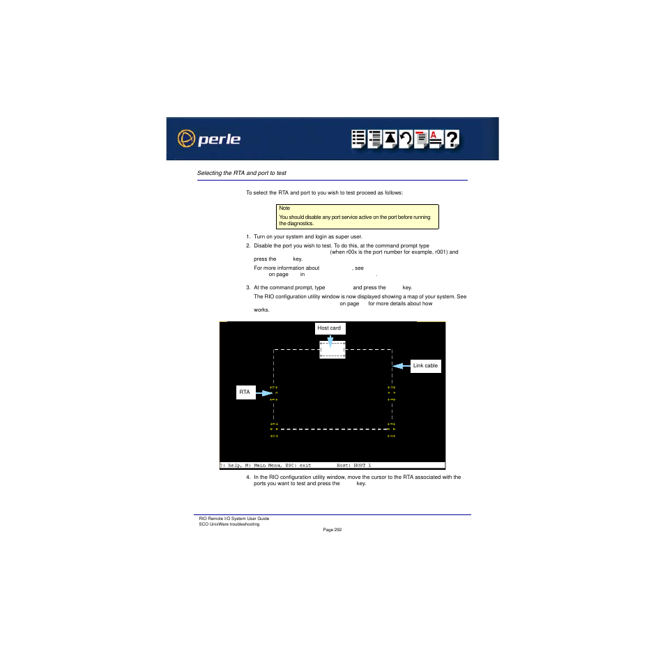 Selecting the rta and port to test, Selecting the, Rta and port to test | Perle Systems RIO 5500036-17 User Manual | Page 292 / 327