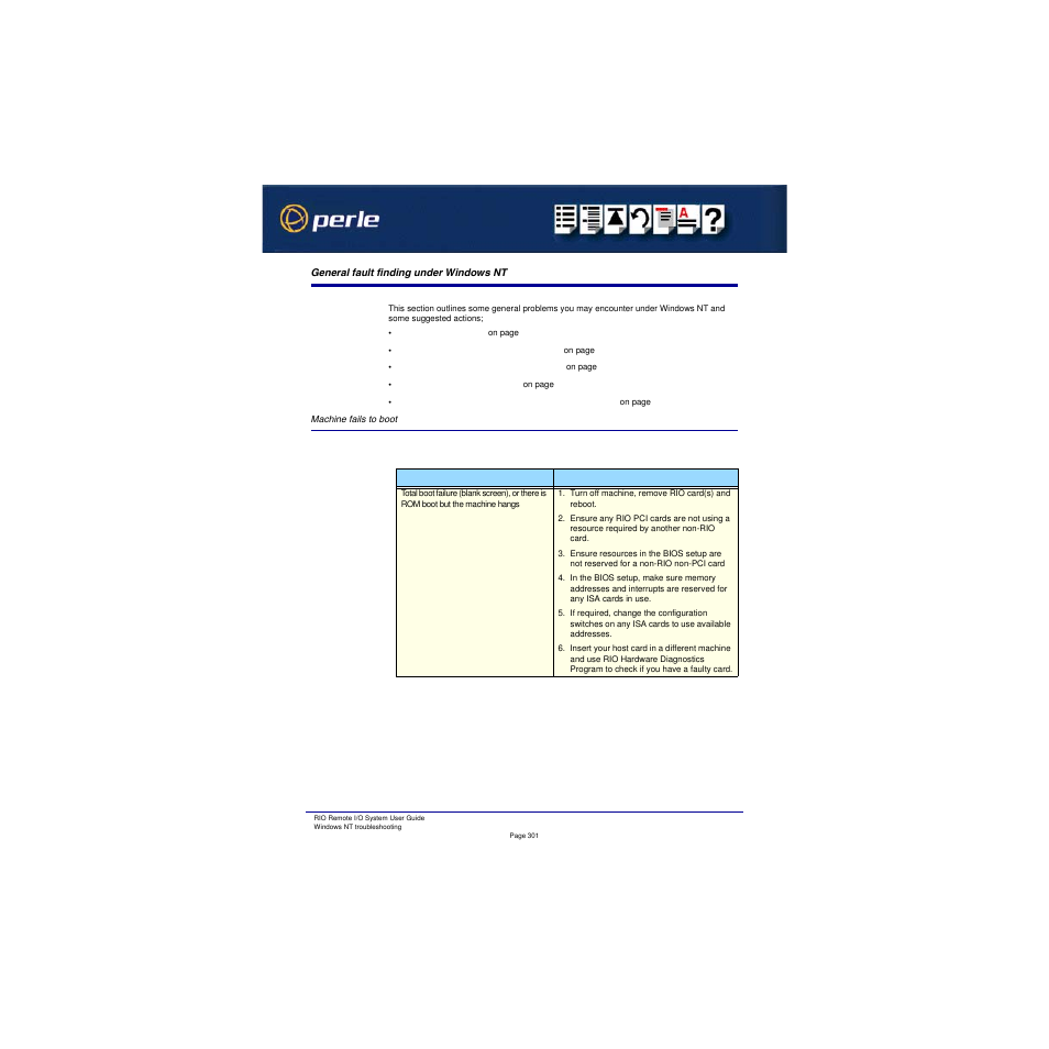 General fault finding under windows nt, Machine fails to boot | Perle Systems RIO 5500036-17 User Manual | Page 301 / 327