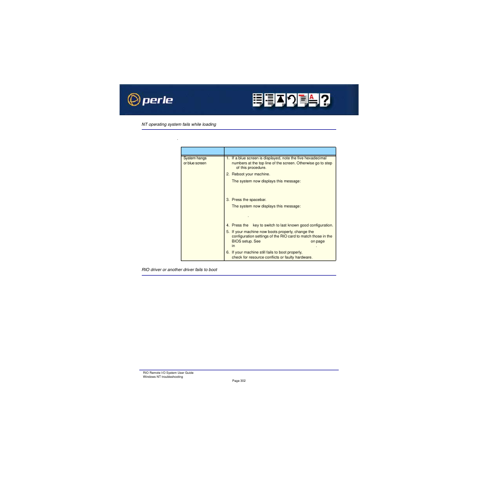 Nt operating system fails while loading, Rio driver or another driver fails to boot | Perle Systems RIO 5500036-17 User Manual | Page 302 / 327