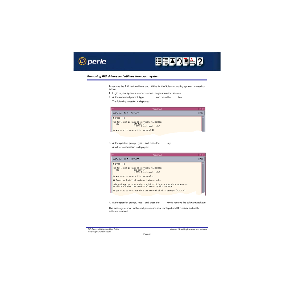 Removing rio, Drivers and utilities from your system | Perle Systems RIO 5500036-17 User Manual | Page 42 / 327