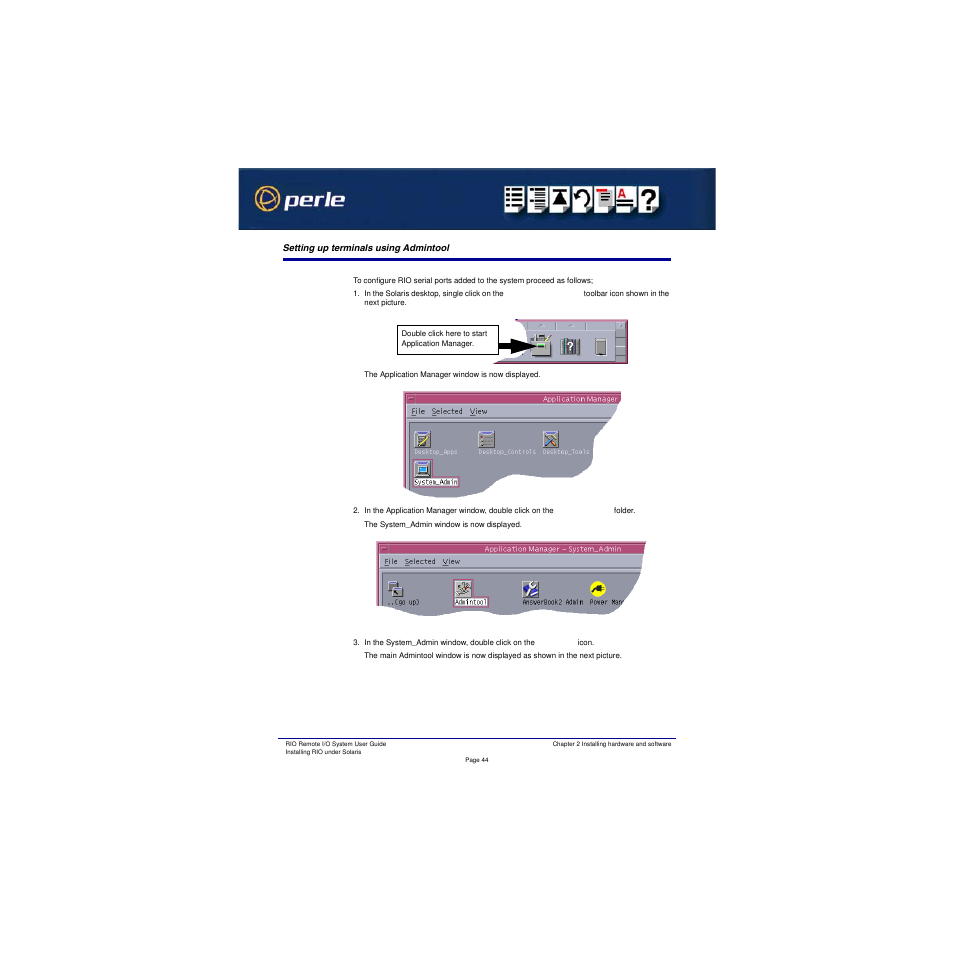 Setting up terminals using admintool, Setting up terminals, Using admintool | Perle Systems RIO 5500036-17 User Manual | Page 44 / 327