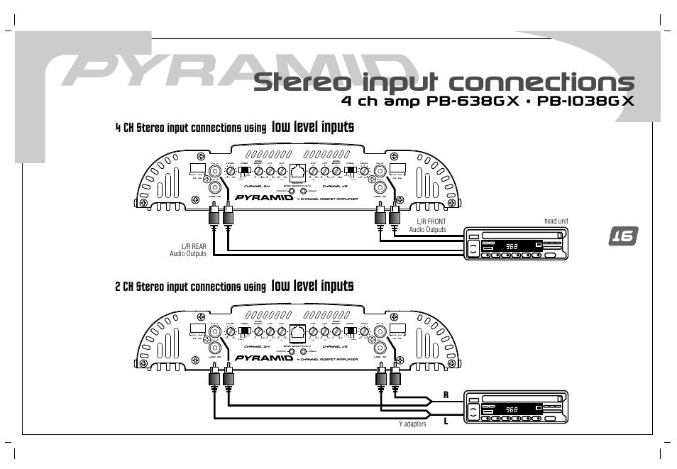 Stereo input connections, Low level inputs, 4 ch stereo input connections using | 2 ch stereo input connections using, Y adaptors, Head unit, L/r rear audio outputs l/r front audio outputs | Pyramid Car Audio PB-738GX User Manual | Page 18 / 28