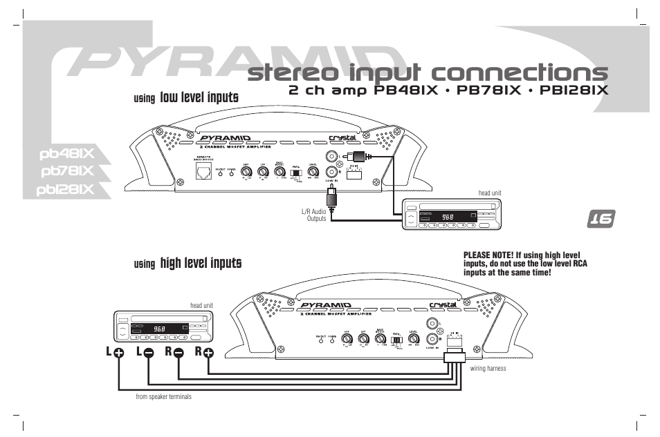 Stereo input connections, High level inputs, Low level inputs | Pyramid Car Audio PB781X User Manual | Page 17 / 28