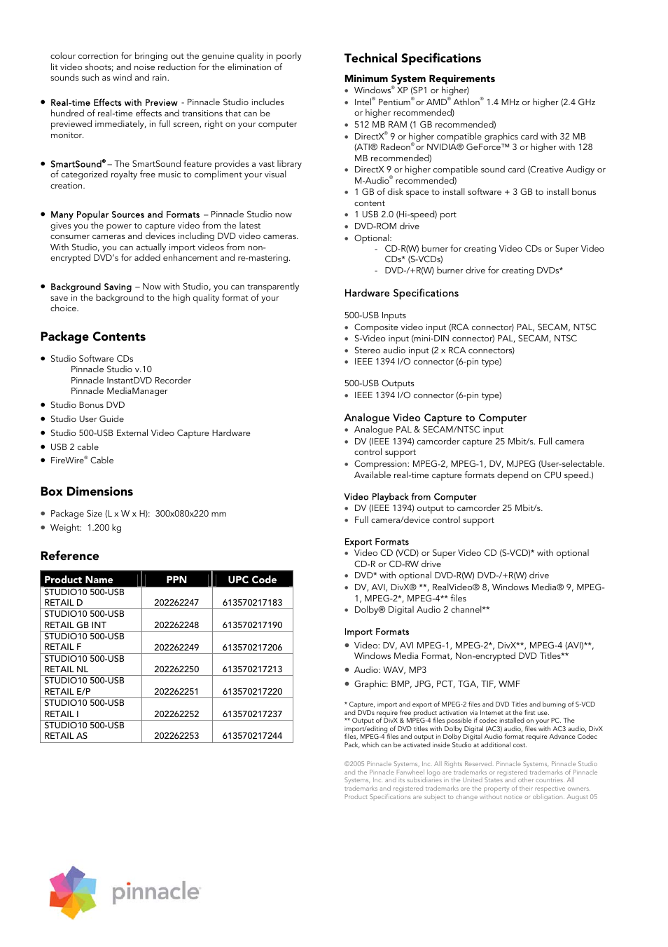 Package contents, Box dimensions, Reference | Technical specifications | Pinnacle Ventures 500 User Manual | Page 2 / 2