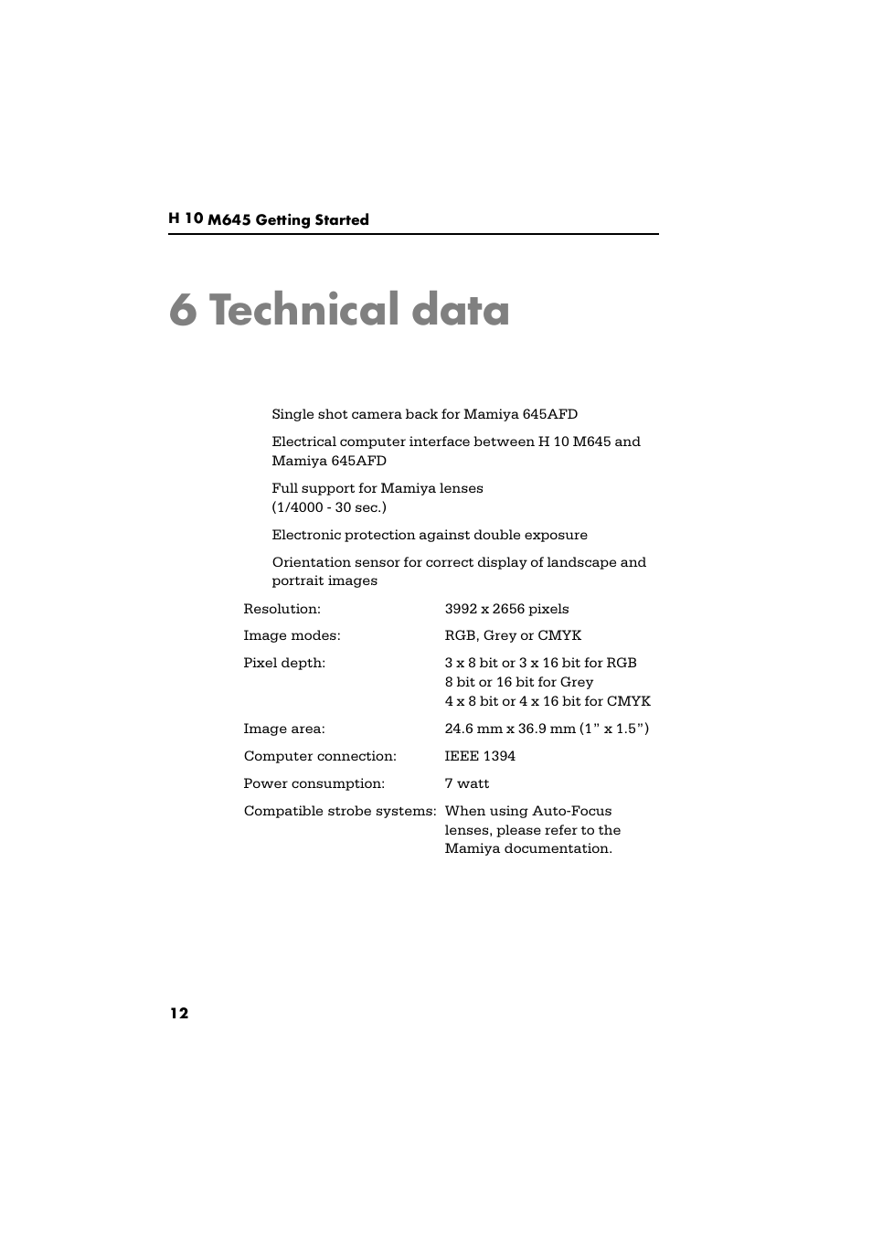 6 technical data | Phase One H 10 M645 User Manual | Page 14 / 15