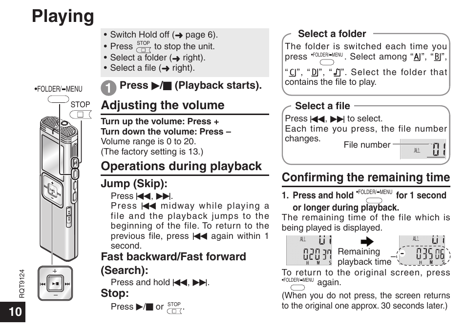 Playing, Adjusting the volume, Operations during playback | Confirming the remaining time, Jump (skip), Fast backward/fast forward (search), Stop | Panasonic RR-US950 User Manual | Page 10 / 48